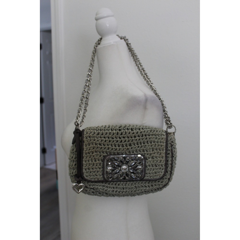 Brighton Straw Crochet Crossbody Bag Sage Green‎ Crystal Medallion Heart Charm